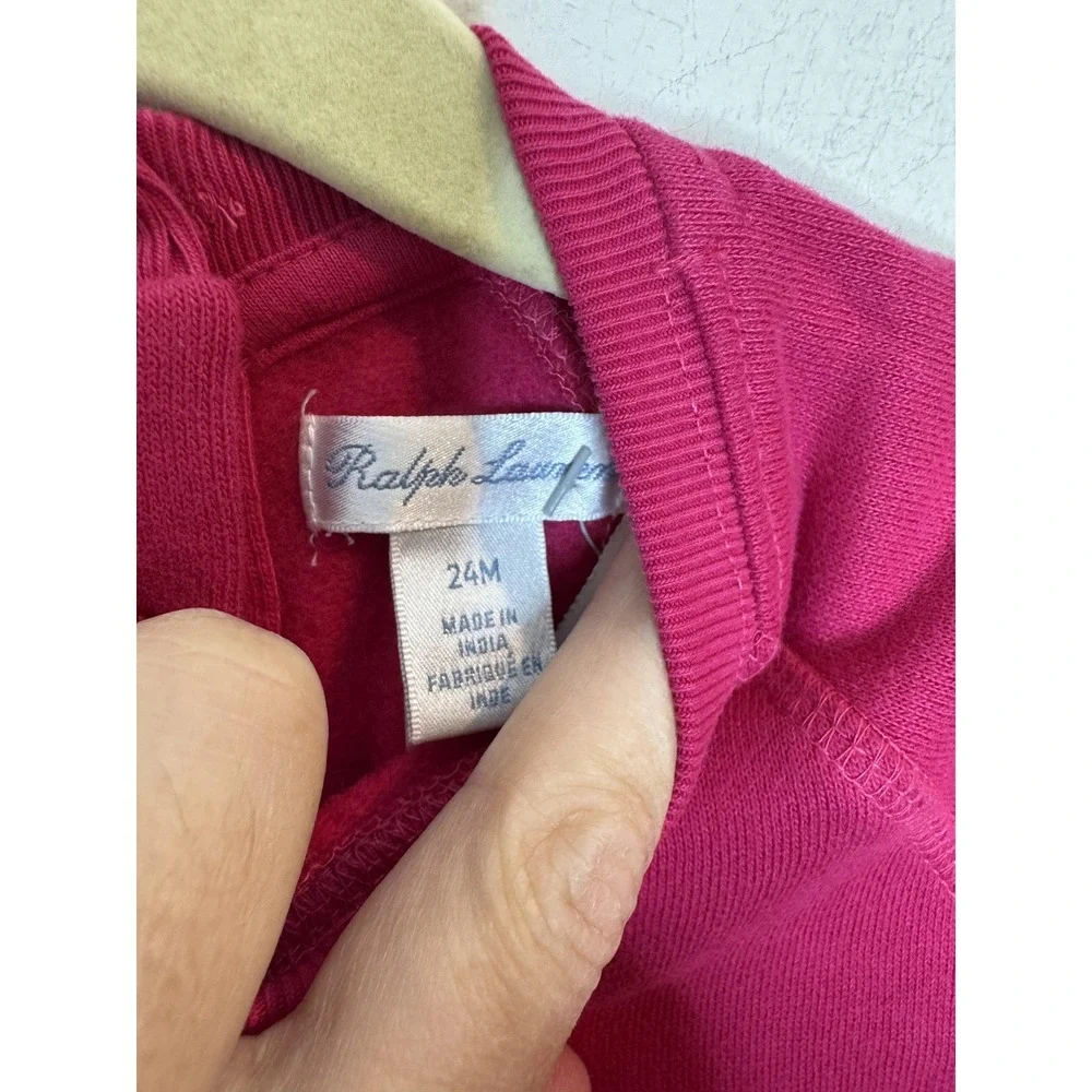 Ralph Lauren Sweater Dress Girls 24M Pink Fleece Kangaroo Pocket Ruffle